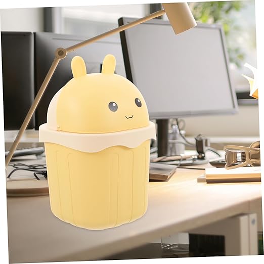 Happyyami Decorative Mini Trash Can Lid Cute Tabletop Waste Bucket for Desk Office and Home Use Cartoon Design for Small Spaces Space-Saving Odor-reducing Functionality