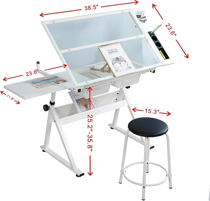 Glass Drafting Table and Stool Sets, Adjustable Height Drawing Table Art Craft Artist Desk Tilting Glass Tabletop with 2 Storage Drawers for Home Office (White-Type 2)