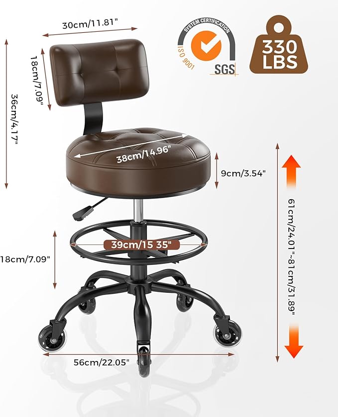 Office Drafting Chair with Footrest, Tall Height Adjustable Stool with Back Support, Heavy Duty Rolling Stool Chair with Wheels for Office Home Kitchen Bar Shop Guitar Studio Medical Vanity(Brown)