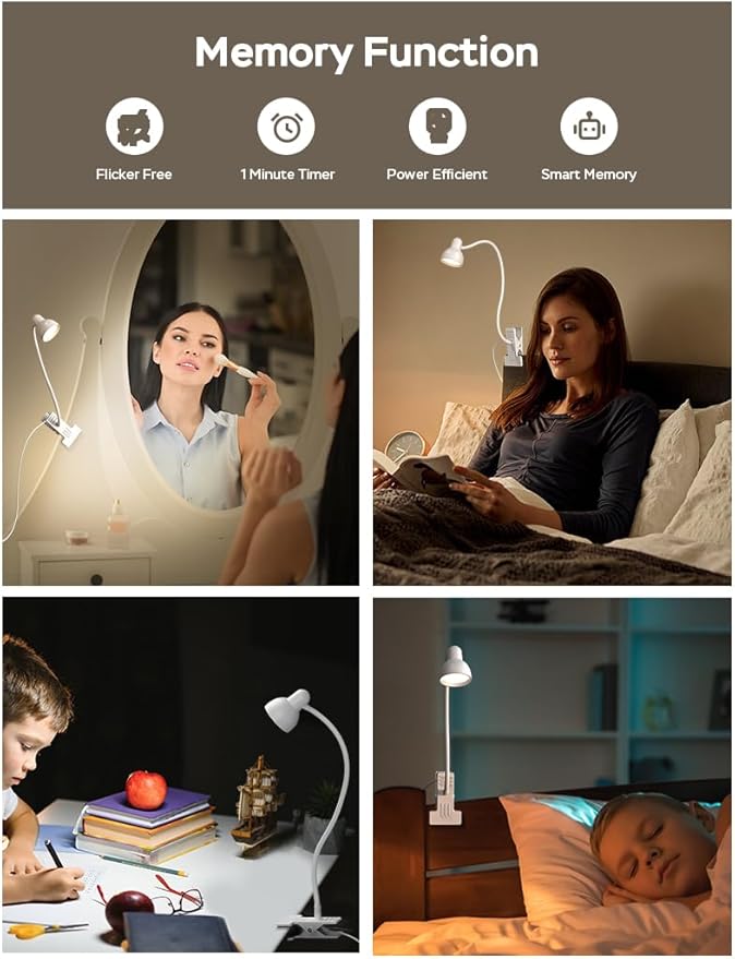 LiFMIRA Clip on Lamp USB Reading Light, 3 Color Modes, 10 Brightness Dimmable, Flexible Gooseneck Desk Lamp with Clamp, Eye Care Clip on Light for Bed Desk Headboard Home Dorm White