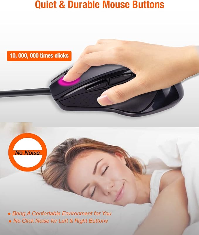 USB Wired Mouse, Large Size Ergonomic Gaming and Office Mouse with 6 Buttons, 4 Level DPI Adjustable, Page Down& UP Button, 1.5 Meters Cable for MacBook, Windows Laptop(Black)