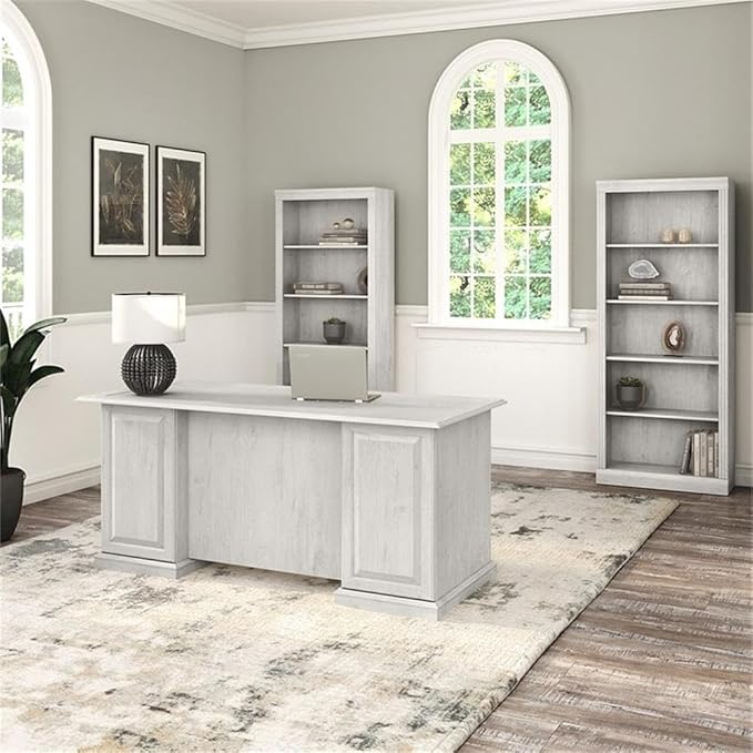 Pemberly Row Executive Desk & Bookcase Set, Linen White Oak Finish, Engineered Wood, 66W Desk with Drawers, 2 Tall 5-Shelf Bookcases, Traditional Office Furniture for Home or Workspace