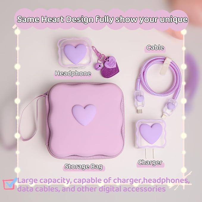 Charger Cover Storage Bag, Lovely 3D Love Heart Waves Design Charger Protector Travel Storage Case, Earphone Wire Saver Cable Cord Organizer Wireless Earphone Storage Box, Purple Love