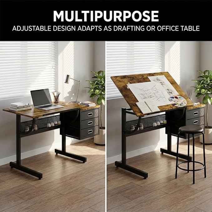 Drafting Table with Storage, Adjustable Art Desk & Art Table with Stool, 0-75° Tilting Top, 3 Drawers for Diamond Painting, Architecture, Animation, Office (Adults & Teens) (Rustic Brown)