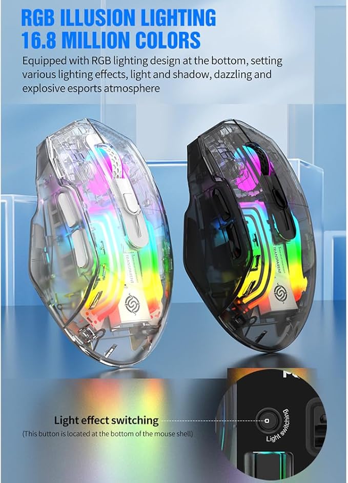 Docooler Wireless Gaming Mice with Transparent Crystal Shell, Tri-Modes(USB Wired+2.4G Wireless+Bluetooth), 3600DPI Adjustable E-Sports Mice, RGB Slient Mouse with Ergonomics Design - White/Black