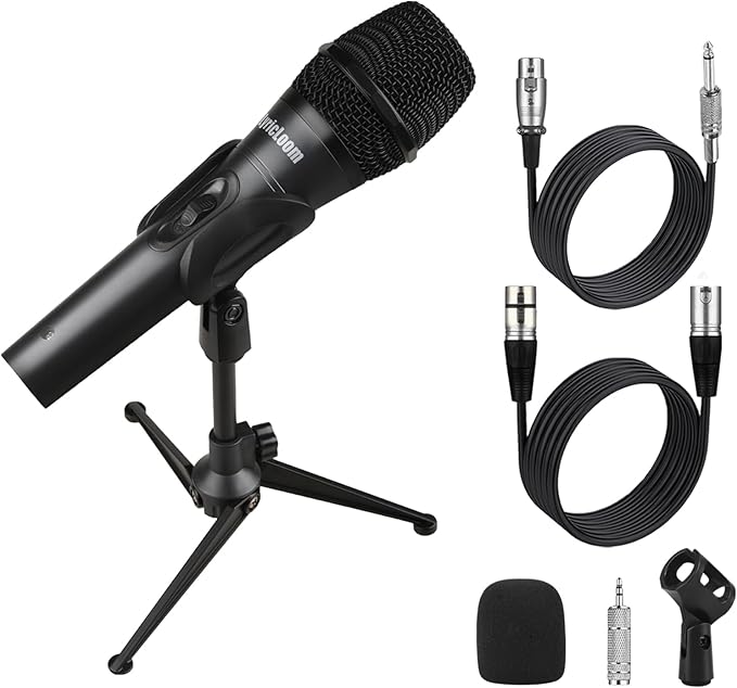 LyricLoom Professional XLR Microphone Wired with Stand, Metal Vocal Dynamic Microphone with Two Cable(16.4 XLR Male to Female & 6.35mm), Corded Microphone for Karaoke, Speaker, Singing, Recording