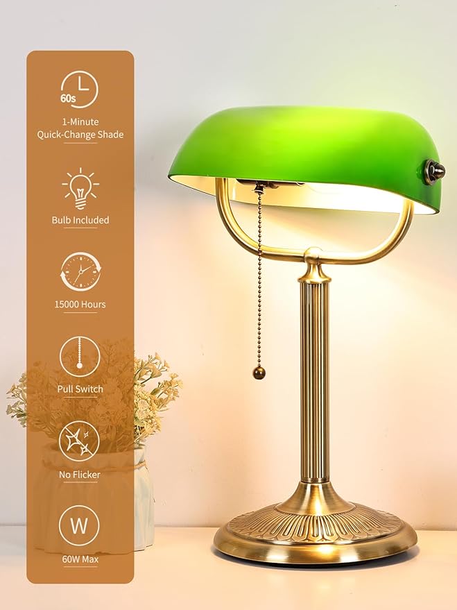 Newrays 1-Minute Quick-Change Shade Classic Green Glass Bankers Desk Lamp for Study, Office, Library, LED Bulb Included
