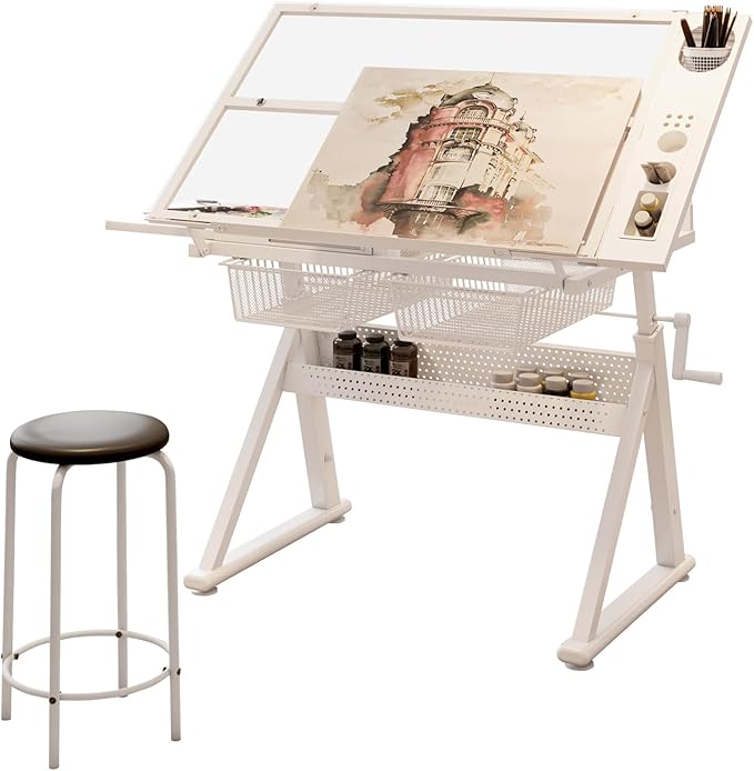 Adjustable Height Drafting Table with Storage Drawers & Stool for Adults, Glass Art Desk with Side Storage Strips, Drawing Table with Tilted Tabletop for Art Office Study (White+Glass A)