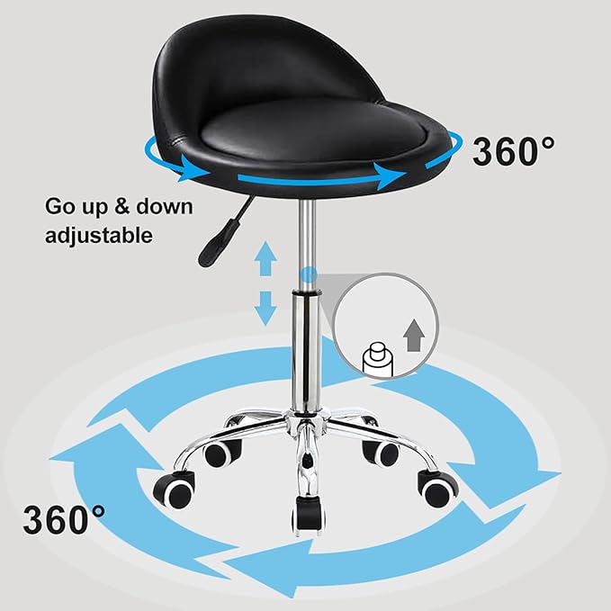 Autdor Rolling Stool Salon Stool Chair with Backrest Height Adjustable Beauty Rollings Stools with Wheels PU Leather Swivel Stools for Office Drafting Work Tattoo Makeup Facial Spa Manicure Massage