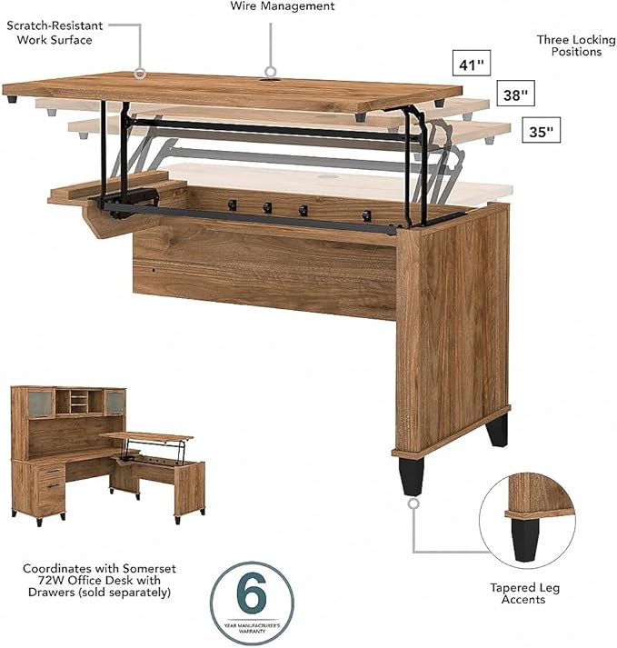 Bush Home Somerset 72W 3 Position Sit to Stand L Shaped Desk with Hutch and File Cabinet in Fresh Walnut
