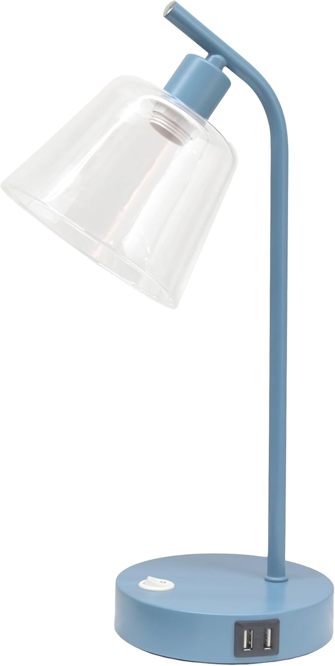 Simple Designs LD1074-BLU 15.75" Sleek Essentials Modern Industrial Metal Desk Lamp with Clear Glass Shade and Dual USB Ports, for Office, Desk, Nightstand, Dorm, Blue