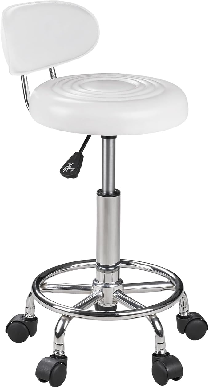VECELO Home Office Desk Chair with Backrest & Wheels | PU Leather Rolling Office Chair for Drafting, Salon, Spa(White, with Back)