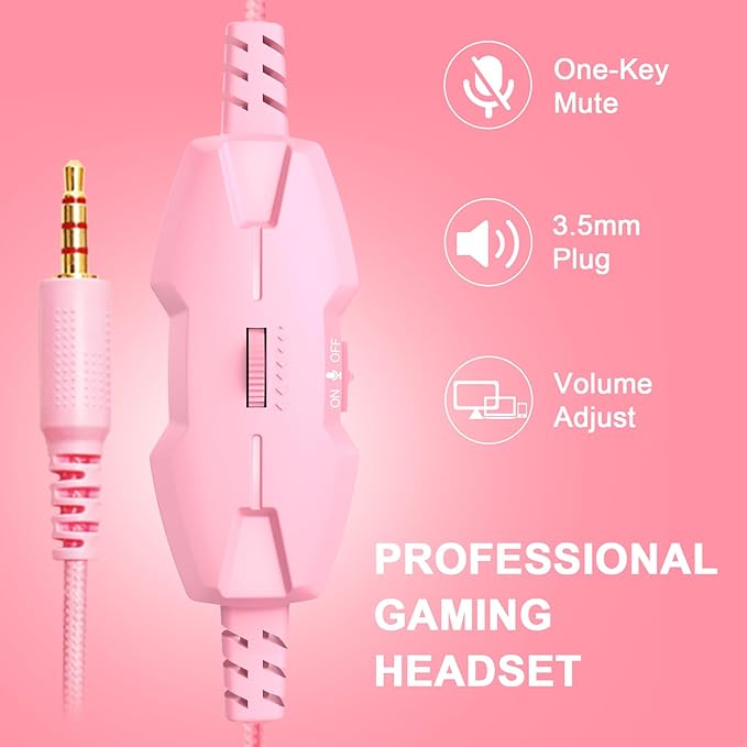 IMYB A88 Gaming Headset with Mic for Ps5, Pc, Xbox One Series X/s, Ps4, Switch, Stereo Wired Noise Cancelling Headphones with Microphone for Computer, Laptop, Mac, Nintendo, Games (Pink)