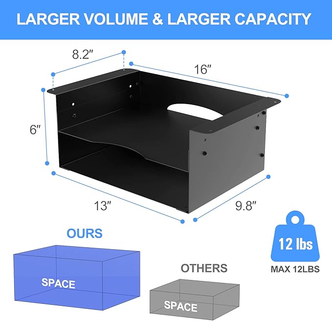 GOME Under Desk Storage Metal Shelf Double Layer Design with Adjustable Tray Organizer Drawer with Big Hole in The Back for Stand Up Desks Office Desks Workstations Tv Stand