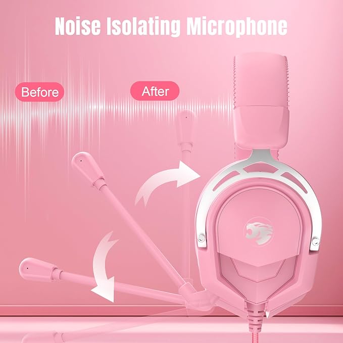 K98 Wired Gaming Headset, Durable Aluminum Frame Gaming Headset with Memory Earmuffs, 50mm Dynamic Drivers Stereo Surround Sound, Over Ear Headset for PC, PS4, PS5, Switch, Xbox One, Mac (Pink)