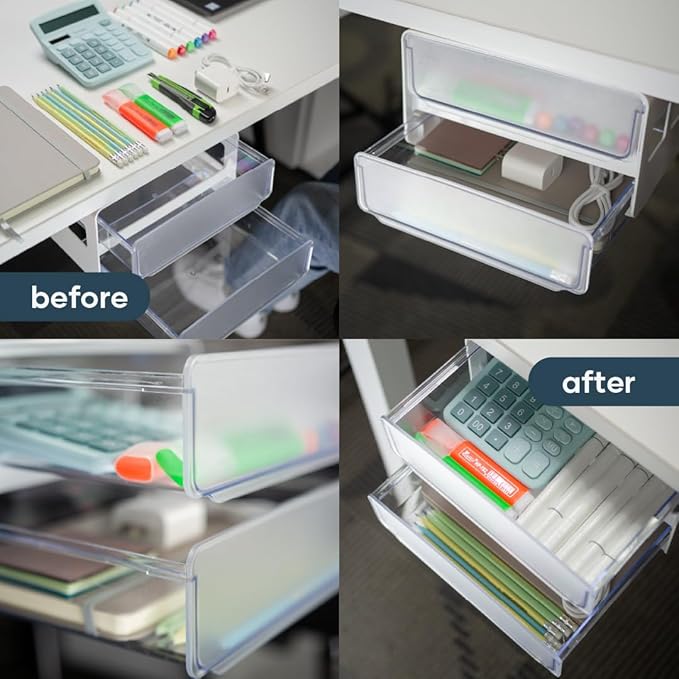 MariaMMDI I Self-Adhesive Under Desk Drawer Organizer with Slide-Out I Under Desk Storage with 2 Wide Layers I Office or Home Organization Must Haves