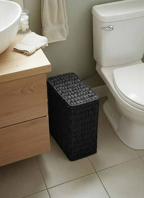 Coeusy Black Wicker Trash Can with Lid and Liner,Waterproof Narrow Waste Basket for Bathroom,Bedroom,Office,3 Gallon
