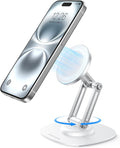 OMOTON 360°Rotating Magnetic Phone Stand for Desk, Adjustable Foldable Aluminum for MagSafe Cell Phone Stand Holder with Non-Slip Base, for iPhone 17/16/15/14 Pro Max Air/MagSafe Case, White