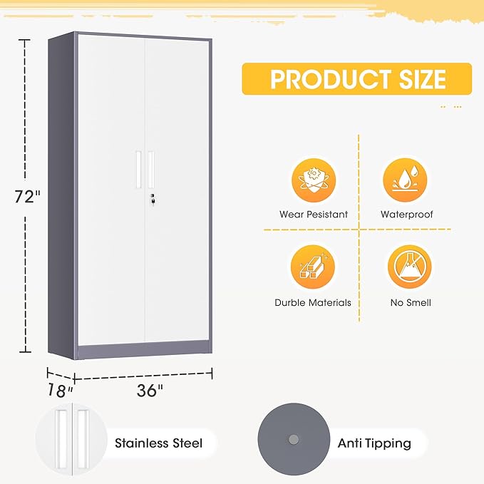 Greenvelly Metal Storage Cabinet,72” Metal Cabinet Storage with Doors and 4 Adjustable Shelves,Tall Storage Cabinet for Home,School,Gym(Grey White)
