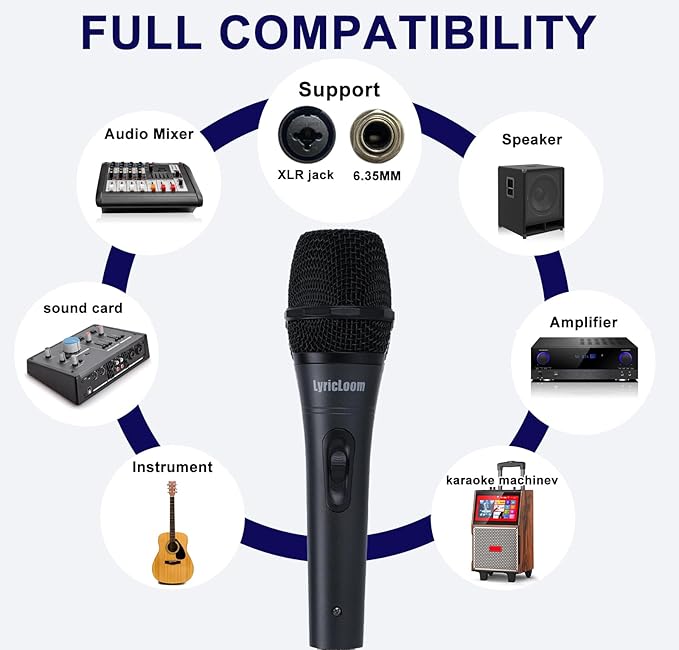LyricLoom Professional XLR Microphone Wired Set, Metal Vocal Dynamic Microphone with 16.4 XLR Male to XLR Female Cable, Mic with Switch Set. Corded Microphone for Karaoke, Speaker, Singing, Recording