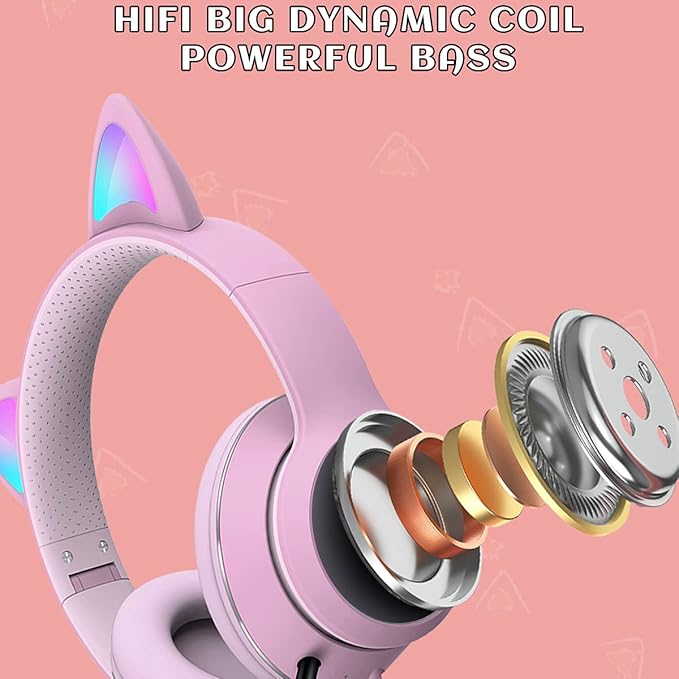 Cat Ear Gaming Headset with Mic RGB LED Light, Flashing Glowing Stereo Headphones, 7.1 Stereo Sound Surround Over-Ear Headset for PC, PS4, PS5, Nintendo Switch,Mobile(Pink)