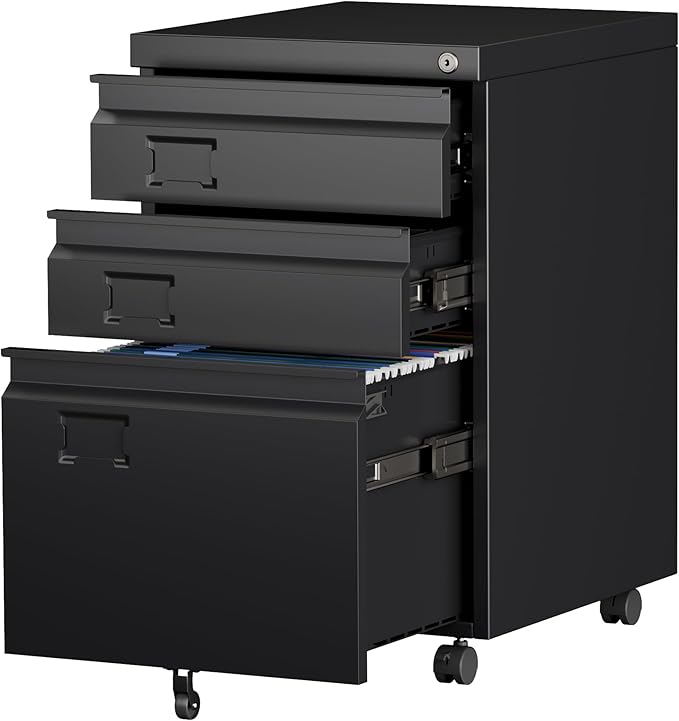 SUXXAN 3 Drawer Mobile File Cabinet with Lock, Heavy Duty Steel Under Desk Filing Cabinet for Letter/Legal/A4 Size, Fully Assembled Except Casters, Anti-Tip Design for Home Office
