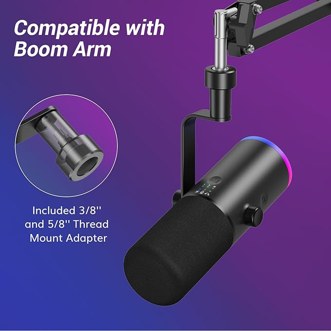 TONOR Dynamic Gaming Microphone, XLR/USB Mic Streaming, AI Noise Cancellation, Controlable RGB, Tap Mute, 3.5mm Headphone Jack, Volume Control, Microfono with Desktop Stand, Black, TD510 AIR S