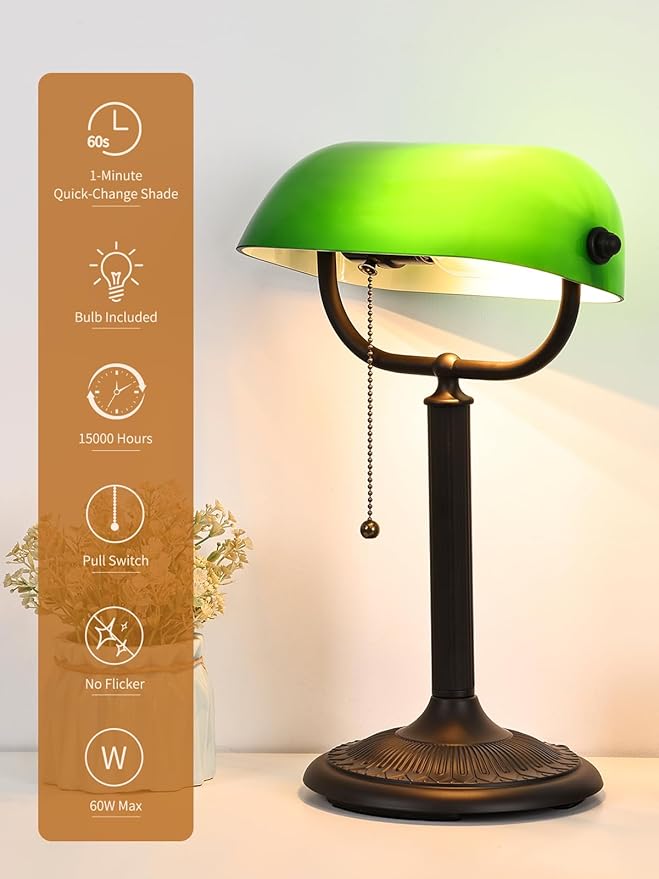 Newrays 1-Minute Quick-Change Shade Antique Green Glass Bankers Desk Lamp for Study, Office, Library,LED Bulb Included