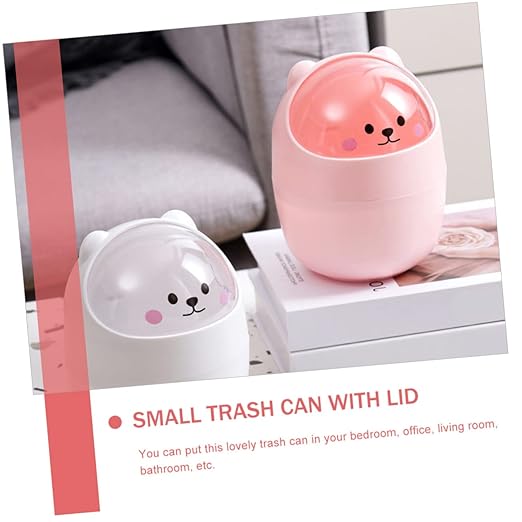 Cute Bear Mini Desktop Trash Can Lid Slim Plastic Trash Bin for Home Office Cartoon Garbage Container for Bedroom and Desk