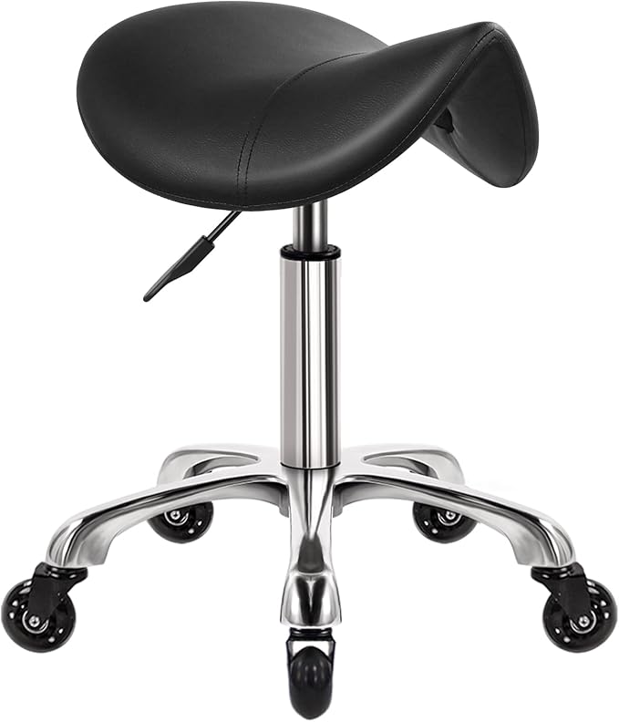WKWKER Heavy Duty Saddle Rolling Stool with Wheels Hydraulic Swivel Adjustable Rolling Stool Ergonomic Thick Leather Seat Chair for Kitchen Drafting Lab Office Salon Massage – Black