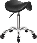 WKWKER Heavy Duty Saddle Rolling Stool with Wheels Hydraulic Swivel Adjustable Rolling Stool Ergonomic Thick Leather Seat Chair for Kitchen Drafting Lab Office Salon Massage – Black