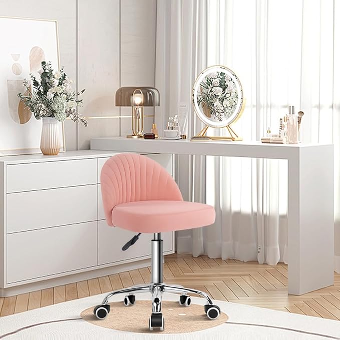 KKTONER Rolling Stool Swivel Office Chair Velvet Vanity Chairs Height Adjustable stools with Back for Bedroom Home Makeup Cosmetic Drafting(Pink)