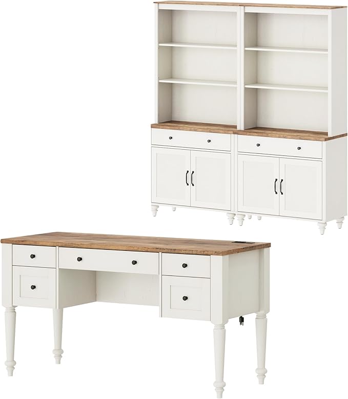 WAMPAT Home Office Furniture Set, 56" Executive Desk with Charging Station, 72" Tall Bookcase with 4 Doors and 2 Drawers, Wood Computer Desk with File Cabinet Storage, Open Shelf, White