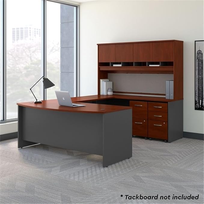 Bush Business Furniture 72W Bow Front U Shaped Desk with Hutch and Storage in Hansen Cherry