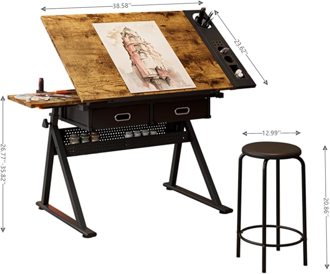 Height Adjustable Drafting Table Art Desk for Adults, Tilting Tabletop Drawing Table with Extra Large Desktop, 2 Drawers and Stool, Multi-Functional Tilting Drawing Desk for Home Office Artist, Study