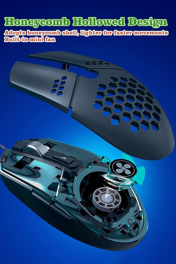 Newly Wired Gaming Mouse with Fan, Cooling Fan Honeycomb PC Mouse RGB Led Gaming Mouse for Laptop, Silent Click & 4 DPI Levels - No Sweaty Palm