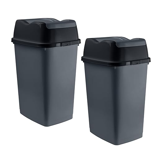 Garbage Cans with Swing Top-Split Lids, 2 Pack | Small Trash Cans with Lids | Durable Plastic | Slim & Sturdy Trash Bins | Fingerprint Resistant | 1.25 Gallon / 5 qt / 5 L – Grey | Superio Brand