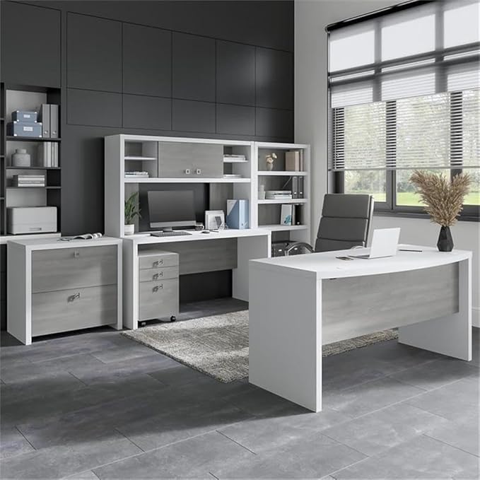 Pemberly Row Set of 2 L-Shaped Desk & Lateral File Cabinet in White & Gray