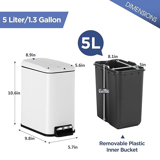 Bigacc 1.3 Gallon Kitchen Trash Can, Stainless Steel Small Trash Can & Mini Garbage Can with Removable Plastic Inner Bucket Lid, Foot Pedal, Waste Bin for Bathroom,(2 Set)