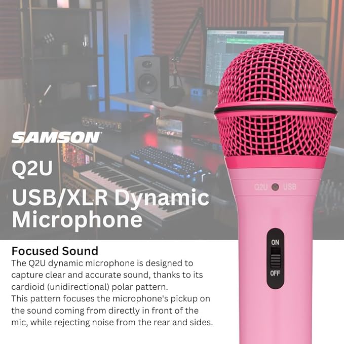 SAMSON Q2U USB and XLR Handheld Dynamic Microphone with Cardioid Polar Pattern (Pink) Bundle with TX-100 Studio Monitor Headphones (Black), and Pop Filter (3 Items)