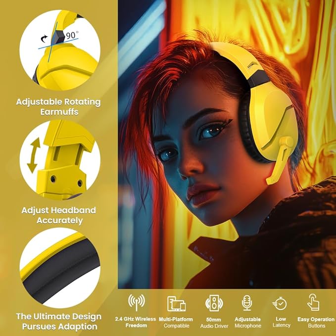WolfLawS Wireless Gaming Headset with Noise Canceling Microphone for PS5, PC, PS4, 2.4G/Bluetooth Gaming Headphones with USB and Type-c Connector, Wired Mode for Controller - Yellow