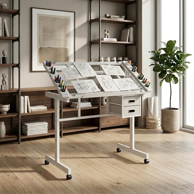 Rolling Drafting Table on Wheels, Painting Table Art Craft Desk Crafting Table with Tilting Transparent Tempered Glass Top, 2 Fabric Storage Drawers and 4 Wheels (White)