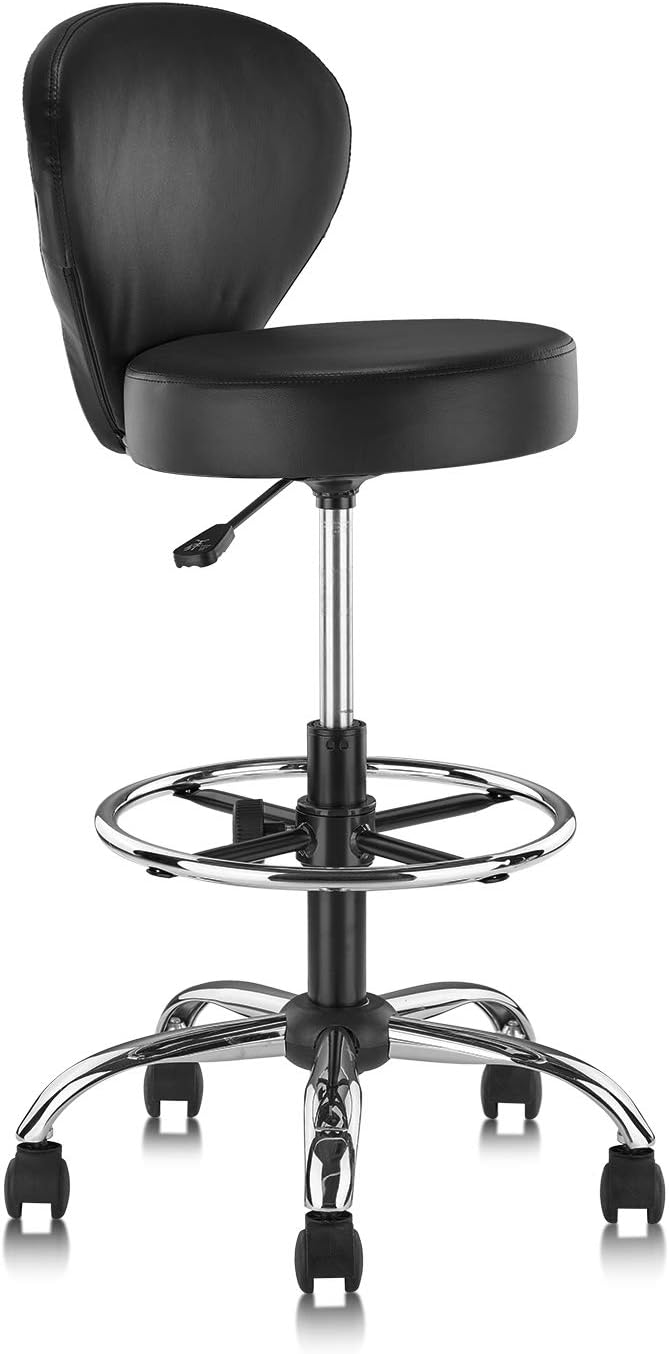 KLASIKA PVC Faux Leather Drafting Chair Rolling Swivel Salon Stool Seat Adjustable Height 30 Inch with Back Support Foot Rest Hydraulic Wide Seat Diameter 15 in for Tattoo Beauty Barber Lash