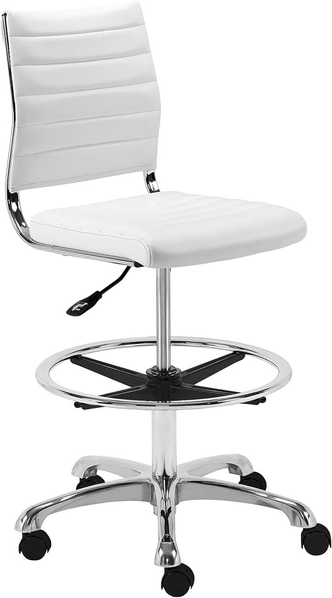 Euro Style Axel Adjustable Height Drafting Stool | Modern Ribbed Multi-Purpose Office Style | Leatherette Over Foam Seat and Back | 360° Swivel with Footrest | White with Aluminum Base