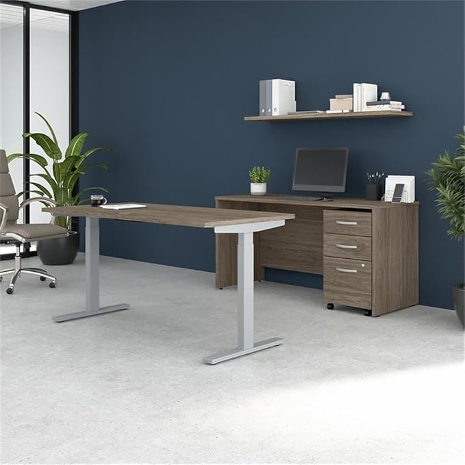 Pemberly Row Engineered Wood Adjustable Standing Desk Set, 60W Modern Hickory Finish, Includes Credenza Desk, Mobile File Cabinet, Brushed Nickel Hardware, Home Office Furniture