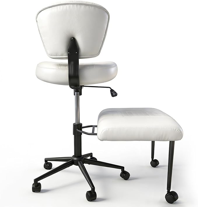 Meditation Chair with Footrest, 360° Swivel Height Adjustable Criss Cross Chair, White PU Padded Wide Seat, Home Office Desk Chair for Reading, Yoga, Peaceful Living