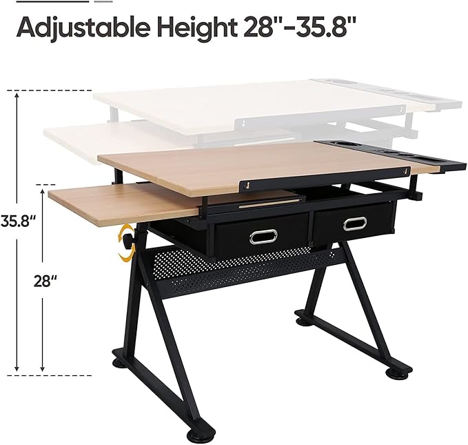 Adjustable Drafting Table Drawing Table, Tilting Tabletop Art Craft Desk w/2 Storage Drawers Stool for Home Office Crafting, Reading, Writing (Natural Wood)