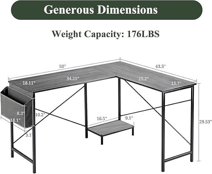 L Shaped Desk, 50 Inch Reversible Computer Desk Corner Gaming Table with CPU Stand & Storage Bag, Sturdy Metal Frame PC Workstation for Home Office, Light Gray Wood