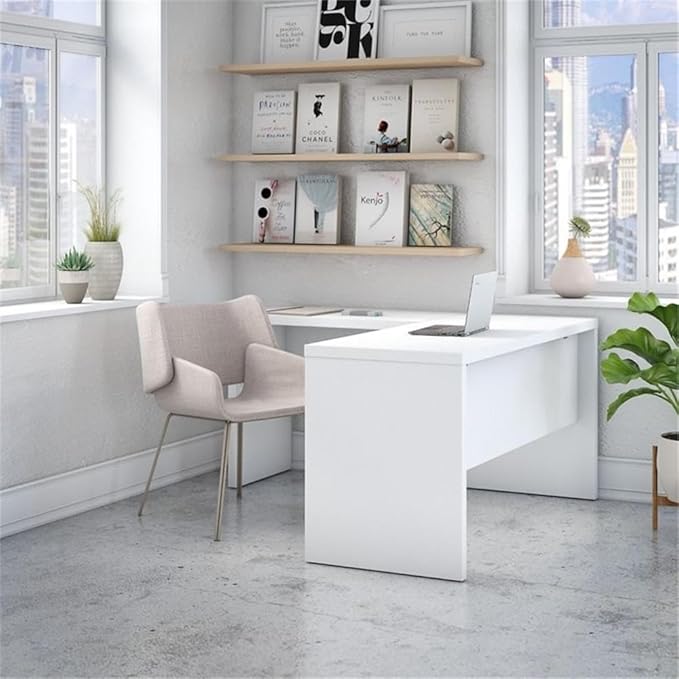 BBF Bush Business Furniture Echo 2 Piece L Shaped Desk and 5 Shelf Bookcase Set in Pure White