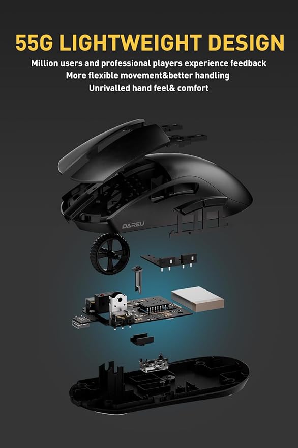 DAREU A950pro 4K Wireless Gaming Mouse:55g Ultra-Lightweight,4KHz Polling Rate,PAW3395 Optical Sensor,26K DPI,5 Programmable Buttons,Support 15min Fast Charging &Tri-Mode Connection (Black)